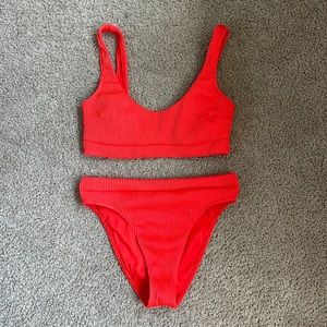Hollister Red Ribbed Bikini Set High Cut High Waist Bottoms Scoop Top Small